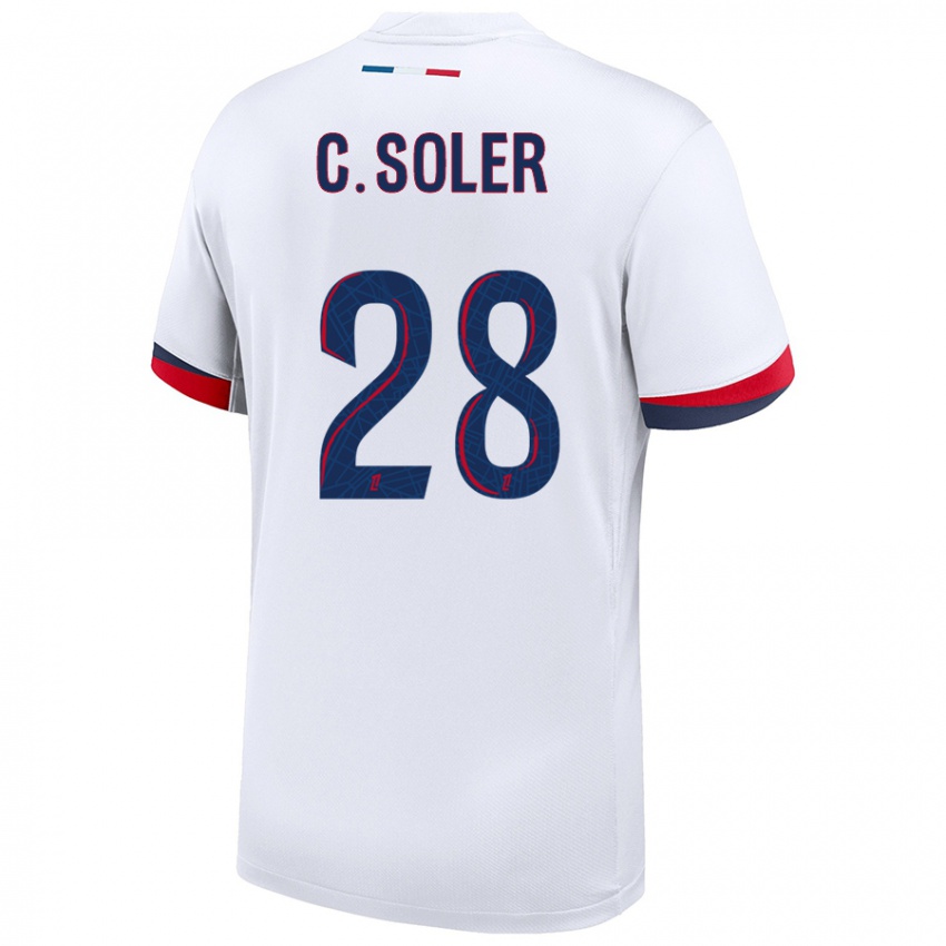 Hombre Camiseta Carlos Soler #28 Blanco Azul Rojo 2ª Equipación 2024/25 La Camisa Chile