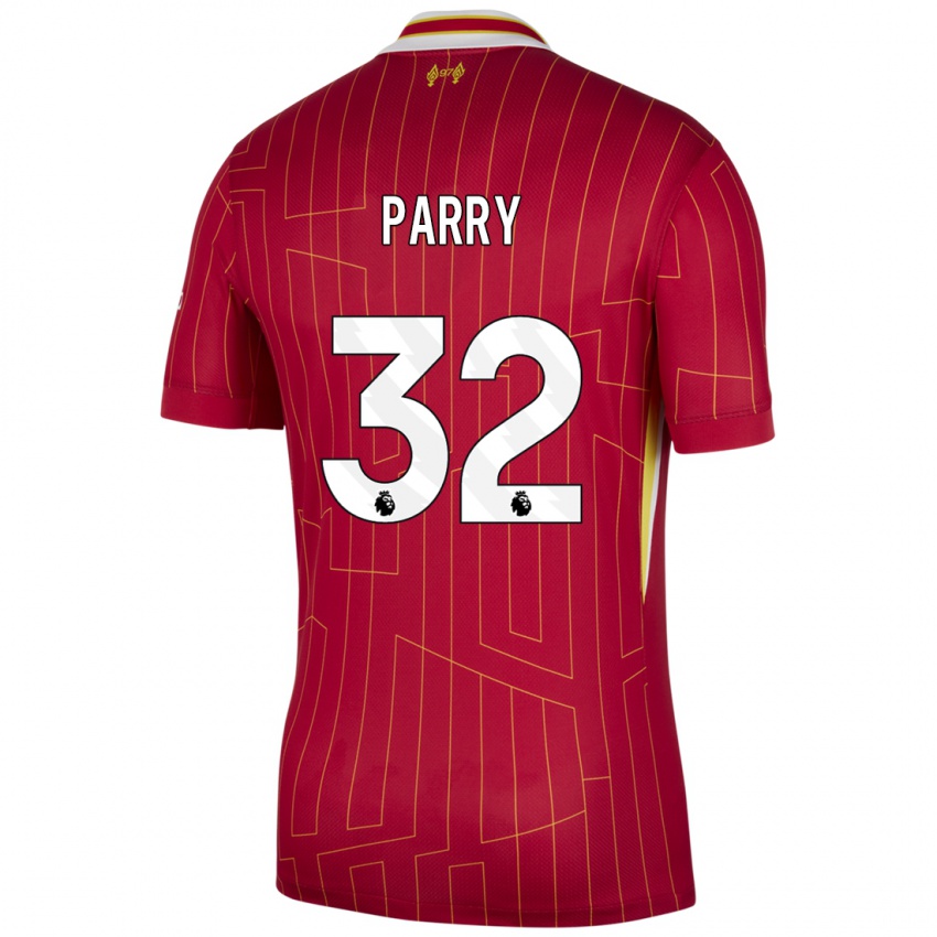 Mujer Camiseta Lucy Parry #32 Rojo Amarillo Blanco 1ª Equipación 2024/25 La Camisa Chile