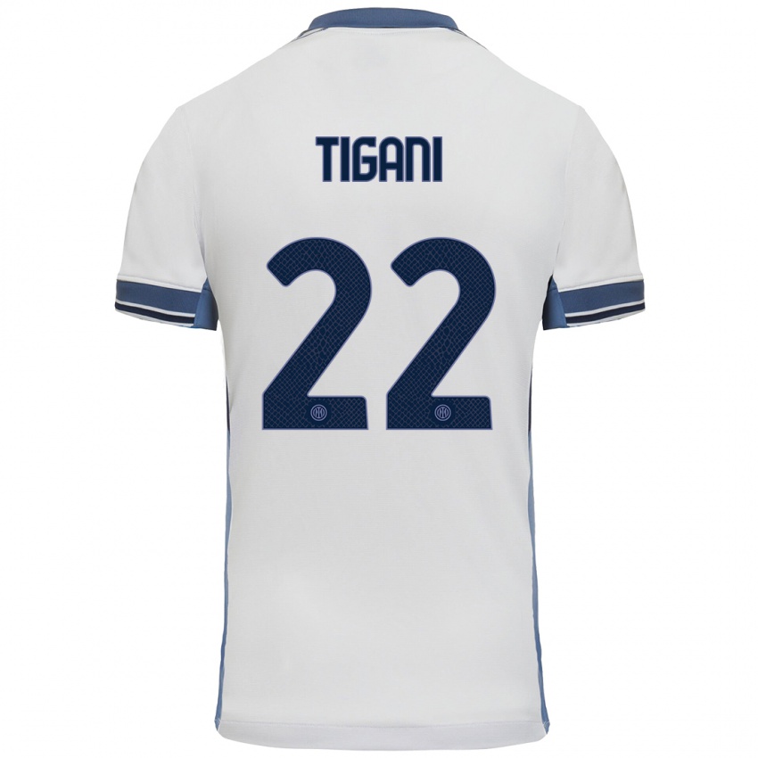 Mujer Camiseta Edoardo Tigani #22 Blanco Gris 2ª Equipación 2024/25 La Camisa Chile