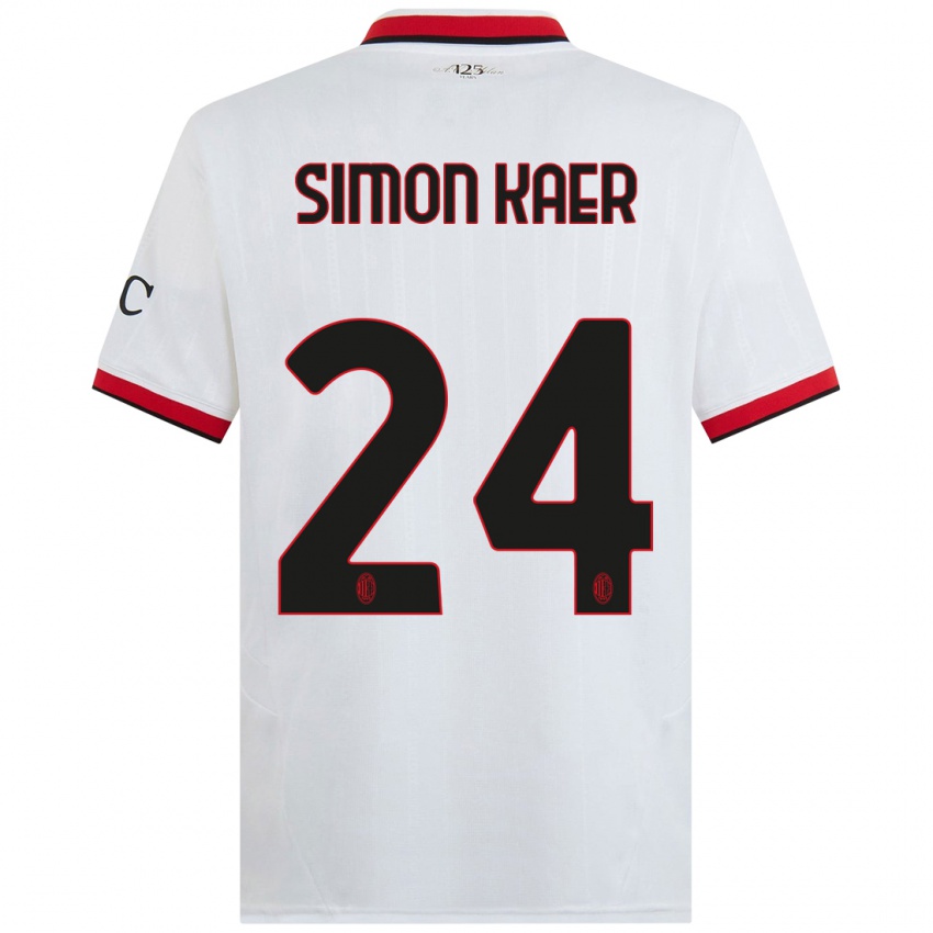 Mujer Camiseta Simon Kaer #24 Blanco Negro Rojo 2ª Equipación 2024/25 La Camisa Chile