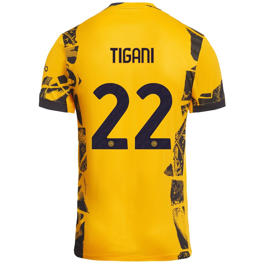 Mujer Camiseta Edoardo Tigani #22 Dorado Negro Equipación Tercera 2024/25 La Camisa Chile