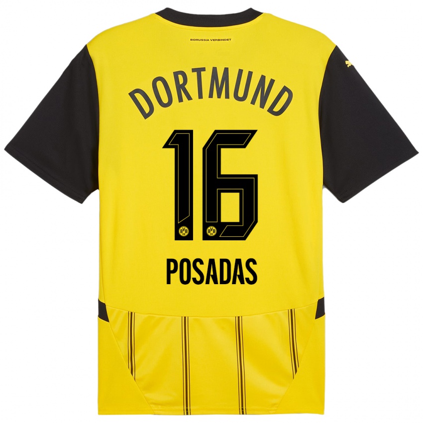 Niño Camiseta Leonardo Posadas #16 Amarillo Negro 1ª Equipación 2024/25 La Camisa Chile