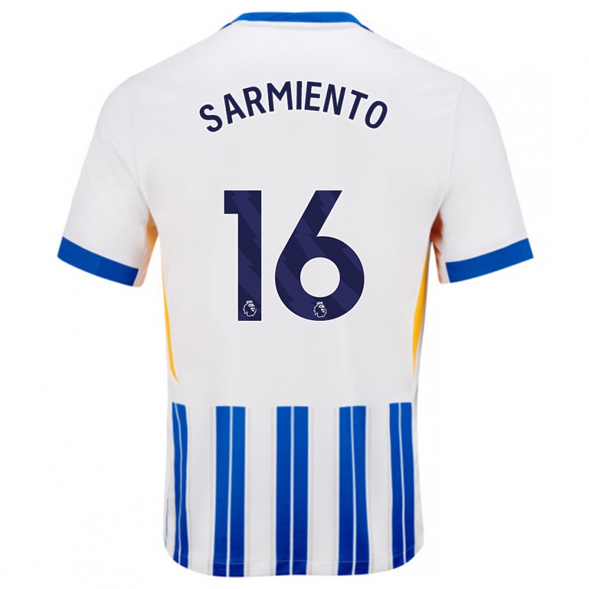 Niño Camiseta Jeremy Sarmiento #16 Blanco Azul Rayas 1ª Equipación 2024/25 La Camisa Chile