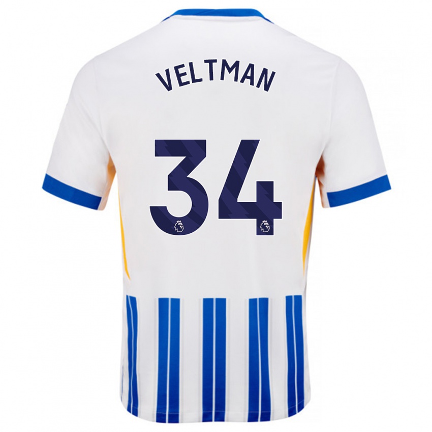 Niño Camiseta Joël Veltman #34 Blanco Azul Rayas 1ª Equipación 2024/25 La Camisa Chile