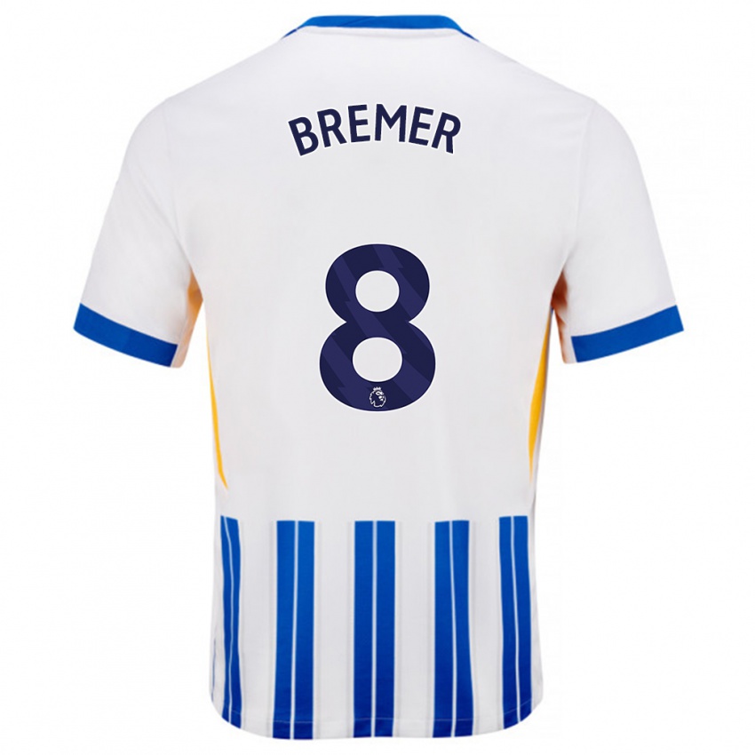 Niño Camiseta Pauline Bremer #8 Blanco Azul Rayas 1ª Equipación 2024/25 La Camisa Chile