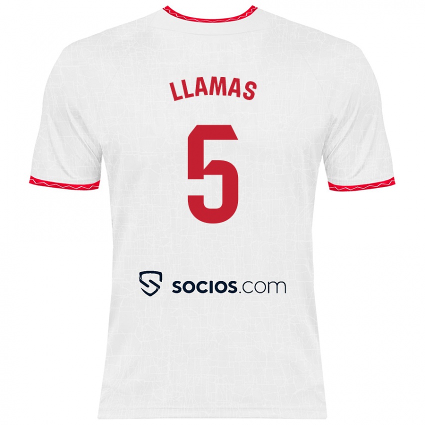 Niño Camiseta Eva Llamas Hernández #5 Blanco Rojo 1ª Equipación 2024/25 La Camisa Chile