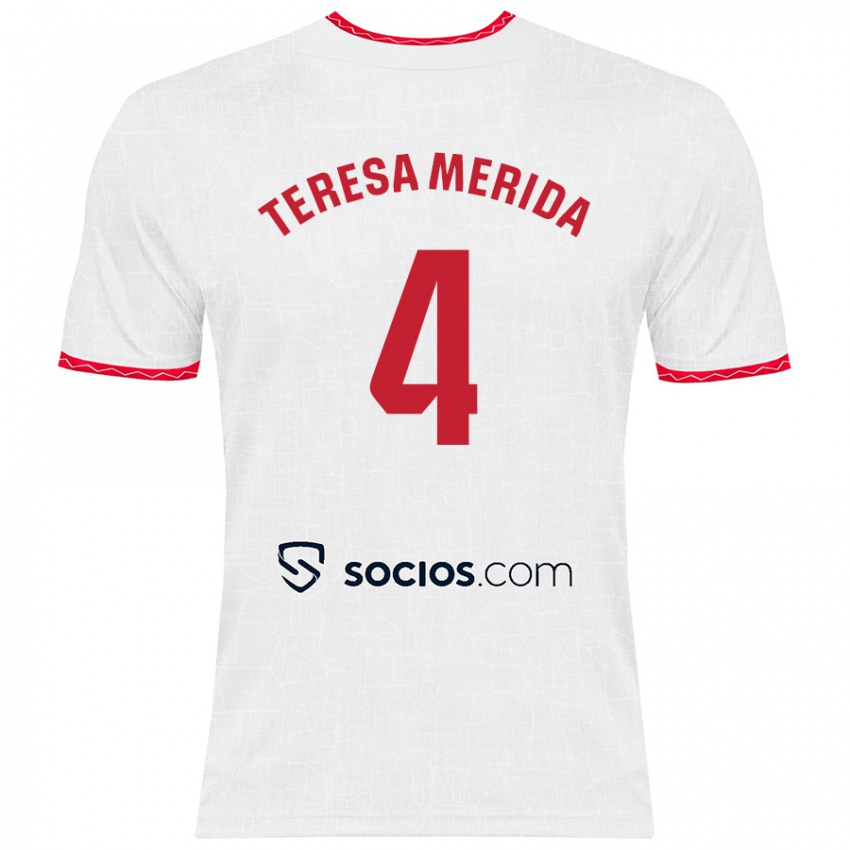 Niño Camiseta Teresa Merida #4 Blanco Rojo 1ª Equipación 2024/25 La Camisa Chile