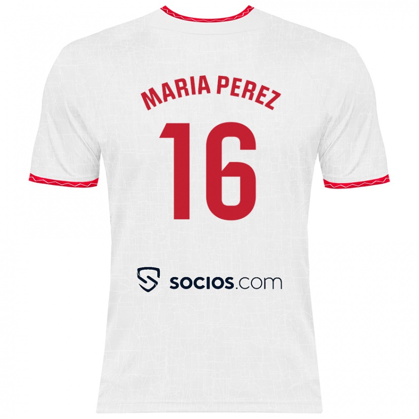 Niño Camiseta María Pérez Rabaza #16 Blanco Rojo 1ª Equipación 2024/25 La Camisa Chile