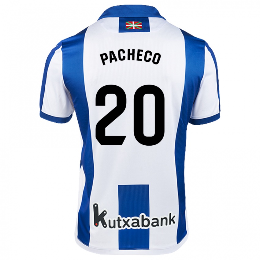 Niño Camiseta Jon Pacheco #20 Blanco Azul 1ª Equipación 2024/25 La Camisa Chile