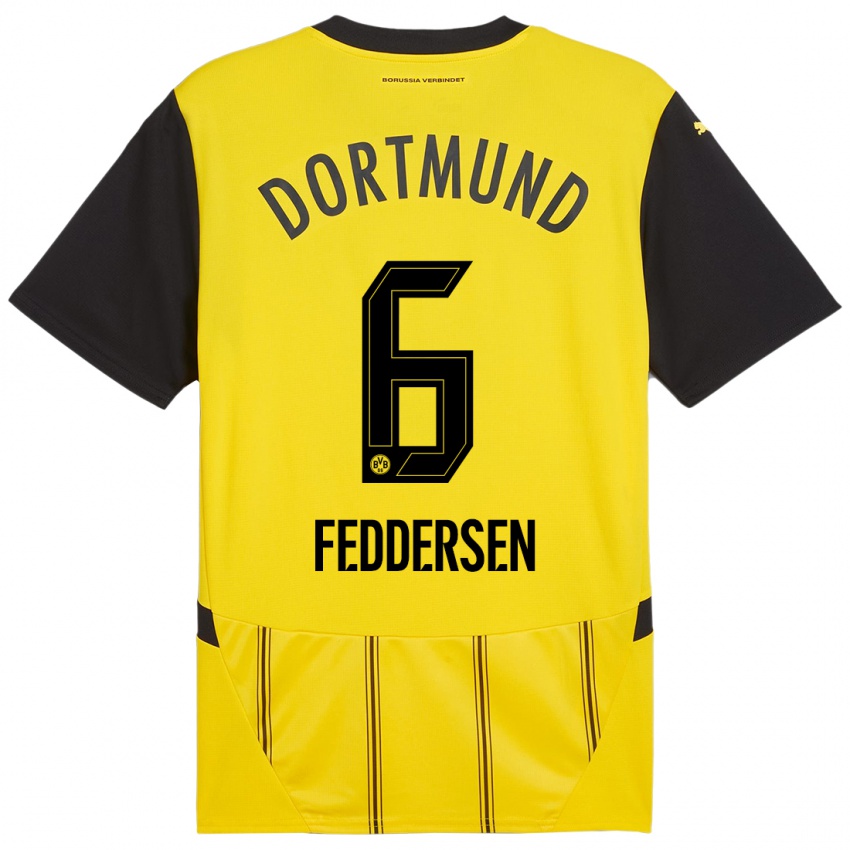 Hombre Camiseta Jonas Feddersen #6 Amarillo Negro 1ª Equipación 2024/25 La Camisa Chile