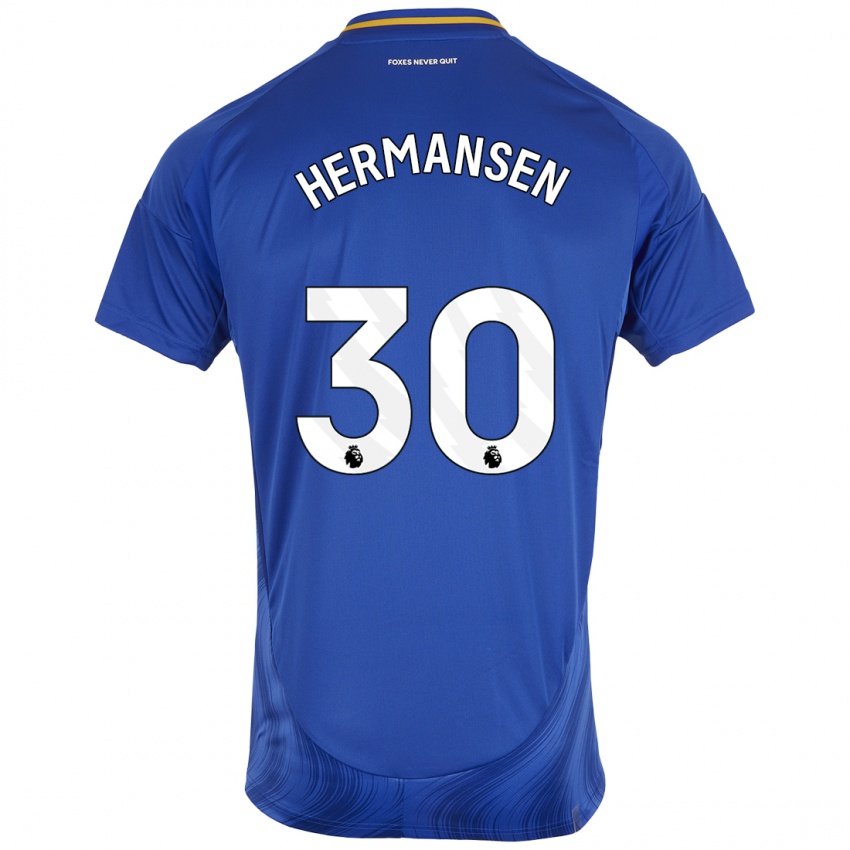 Hombre Camiseta Mads Hermansen #30 Azul Blanco 1ª Equipación 2024/25 La Camisa Chile