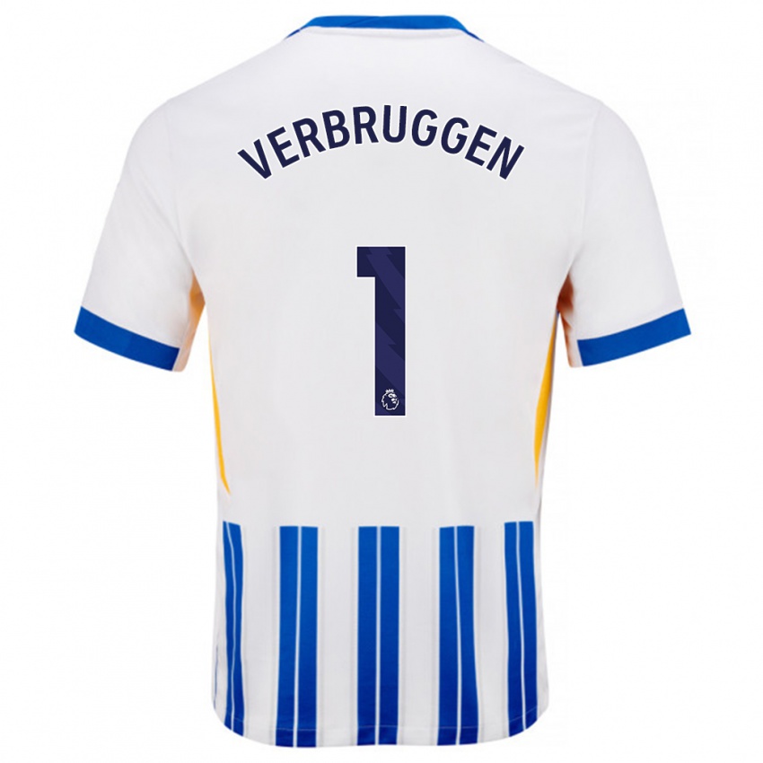 Hombre Camiseta Bart Verbruggen #1 Blanco Azul Rayas 1ª Equipación 2024/25 La Camisa Chile