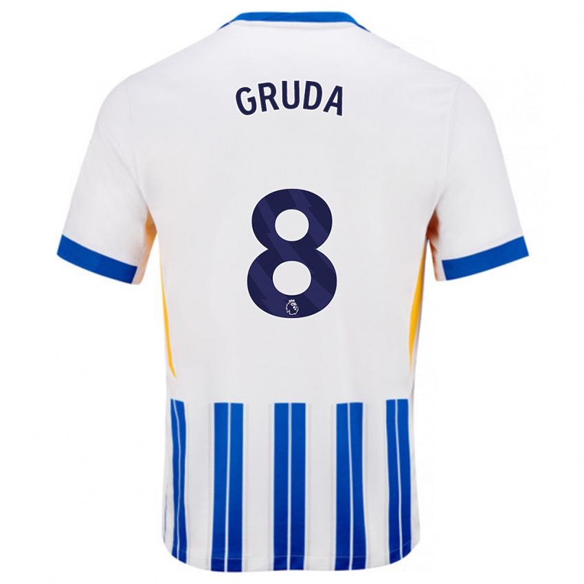 Hombre Camiseta Brajan Gruda #8 Blanco Azul Rayas 1ª Equipación 2024/25 La Camisa Chile