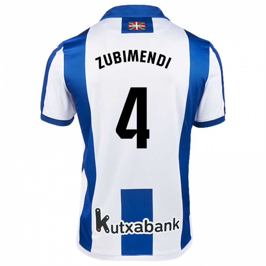 Hombre Camiseta Martin Zubimendi #4 Blanco Azul 1ª Equipación 2024/25 La Camisa Chile