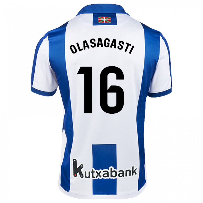 Hombre Camiseta Jon Ander Olasagasti #16 Blanco Azul 1ª Equipación 2024/25 La Camisa Chile