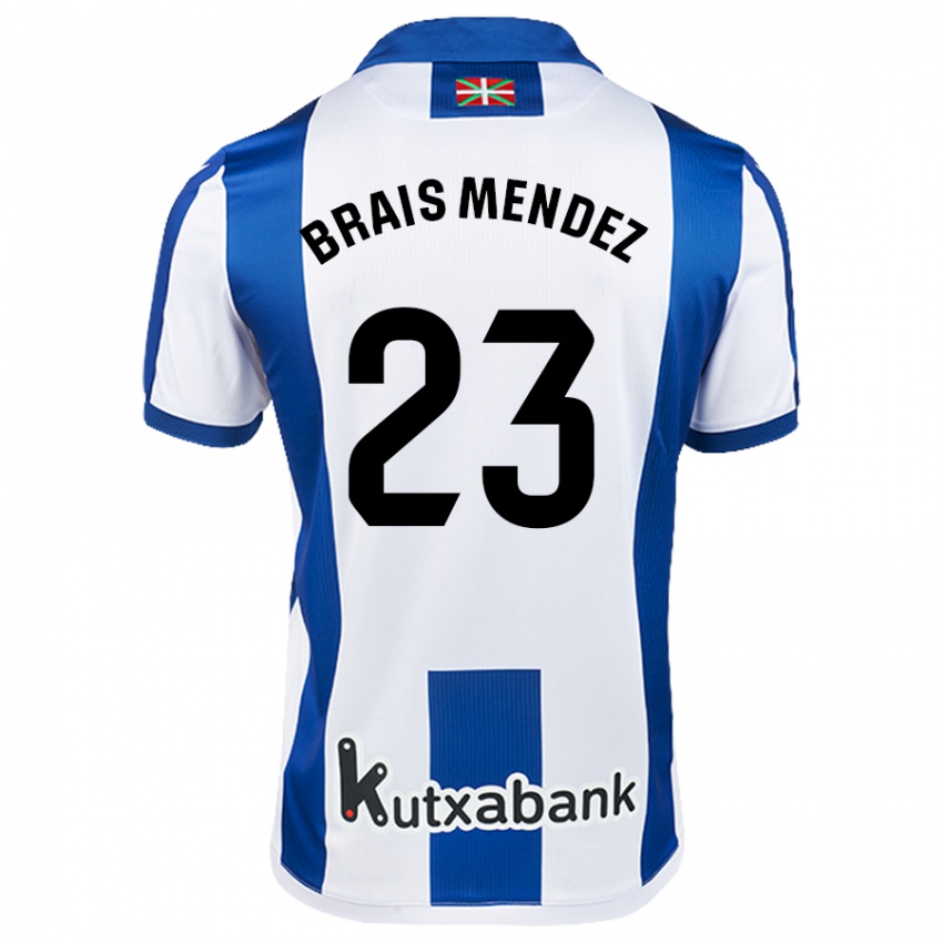 Hombre Camiseta Brais Mendez #23 Blanco Azul 1ª Equipación 2024/25 La Camisa Chile