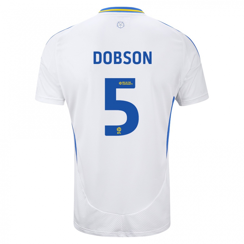 Niño Camiseta Ellie Dobson #5 Blanco Azul 1ª Equipación 2024/25 La Camisa Chile