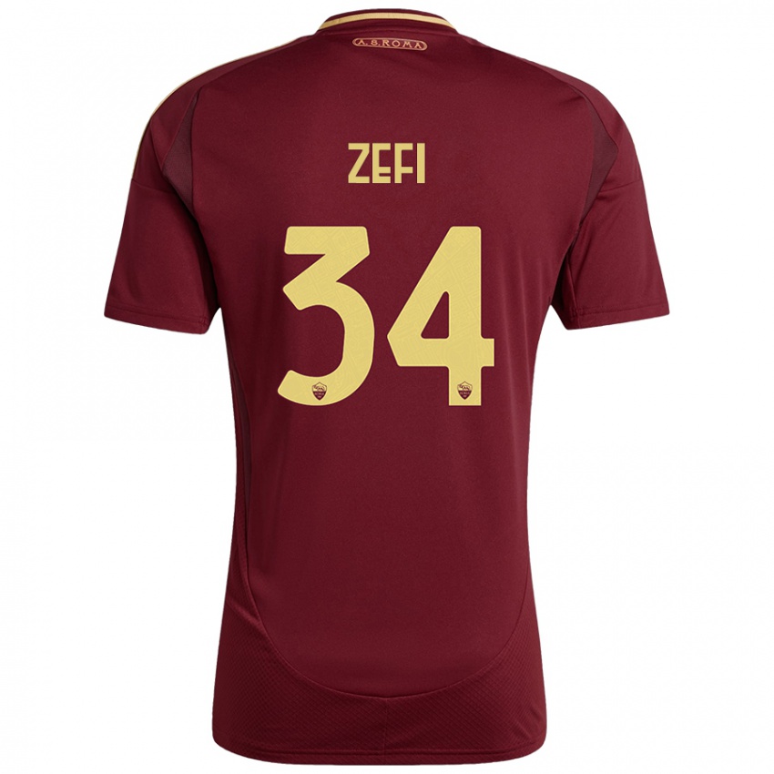 Niño Camiseta Kevin Zefi #34 Rojo Marrón Dorado 1ª Equipación 2024/25 La Camisa Chile