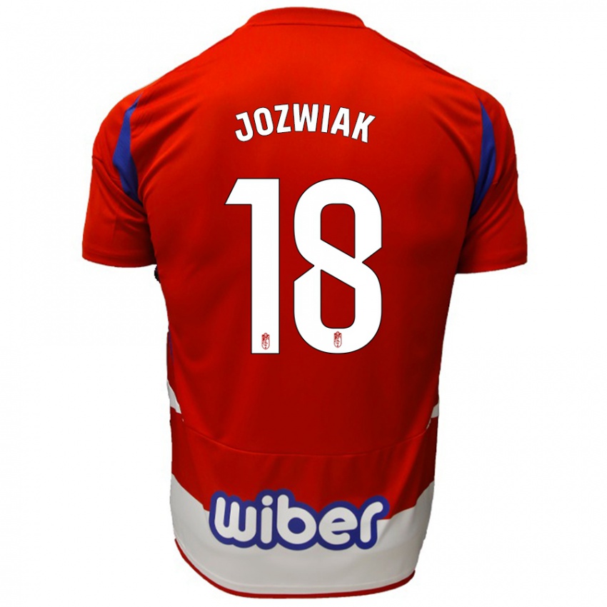 Niño Camiseta Kamil Józwiak #18 Rojo Blanco Azul 1ª Equipación 2024/25 La Camisa Chile