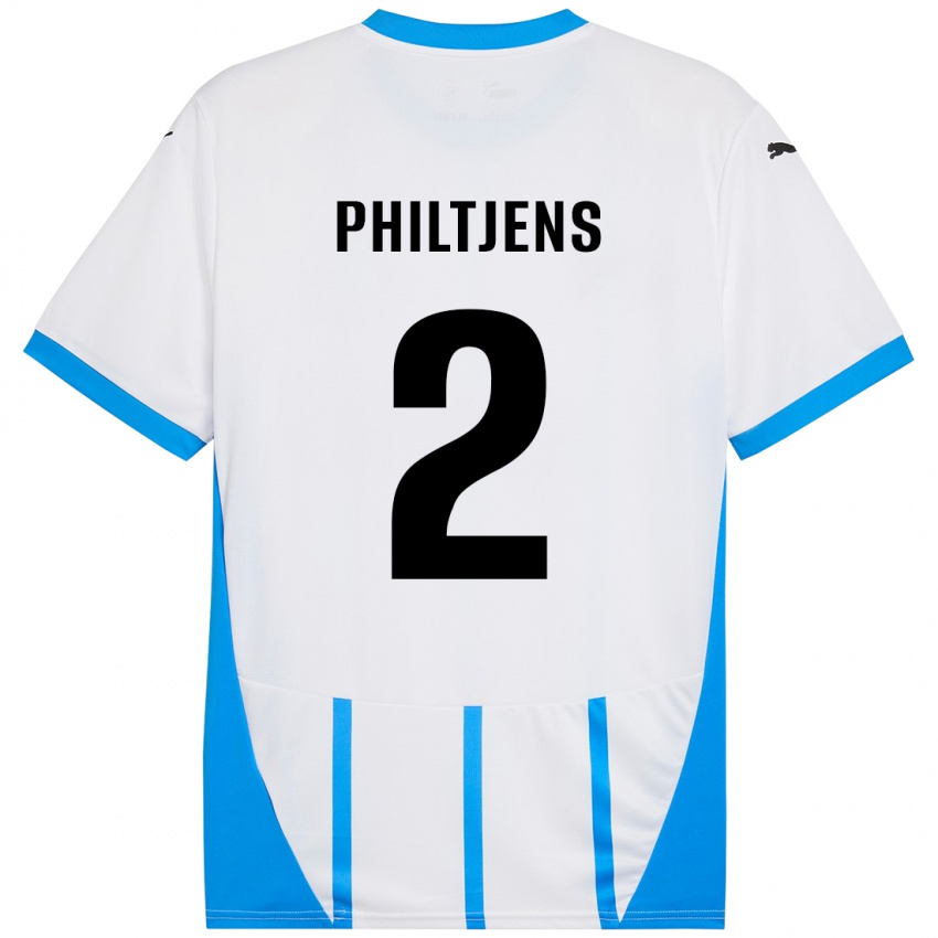 Niño Camiseta Davina Philtjens #2 Blanco Azul 2ª Equipación 2024/25 La Camisa Chile