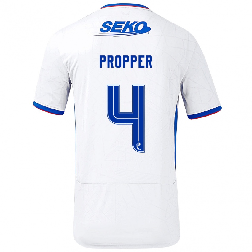 Niño Camiseta Robin Pröpper #4 Blanco Azul 2ª Equipación 2024/25 La Camisa Chile