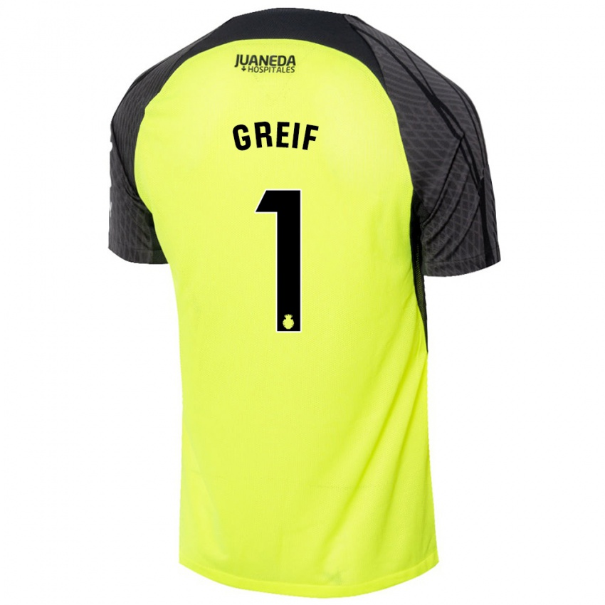 Niño Camiseta Dominik Greif #1 Verde Fluorescente Negro 2ª Equipación 2024/25 La Camisa Chile