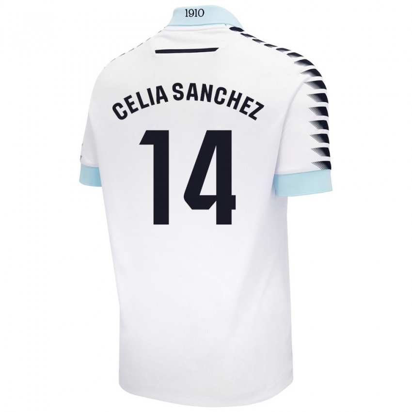 Niño Camiseta Celia Sánchez García #14 Blanco Azul 2ª Equipación 2024/25 La Camisa Chile