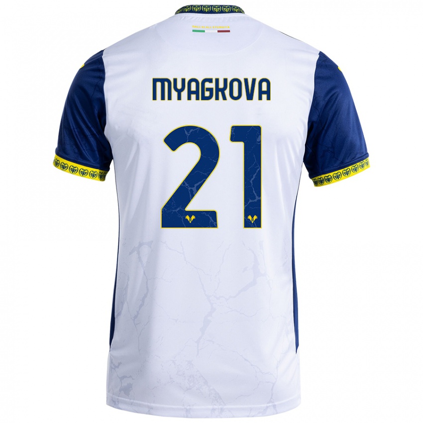 Niño Camiseta Alina Myagkova #21 Blanco Azul 2ª Equipación 2024/25 La Camisa Chile