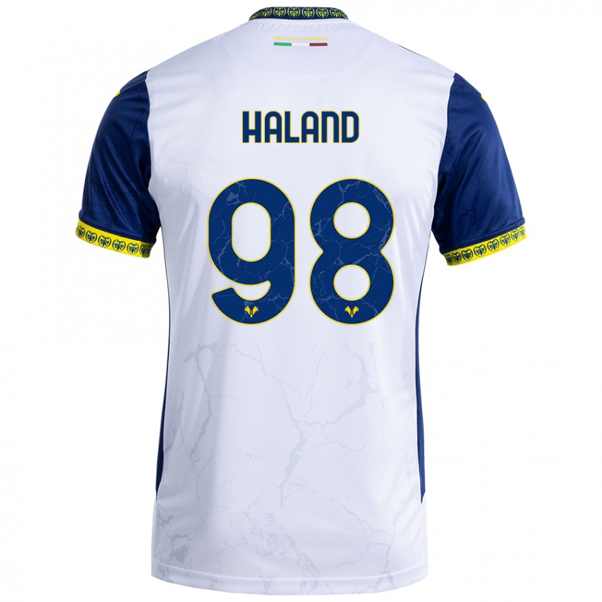 Niño Camiseta Benedicte Iversen Håland #98 Blanco Azul 2ª Equipación 2024/25 La Camisa Chile