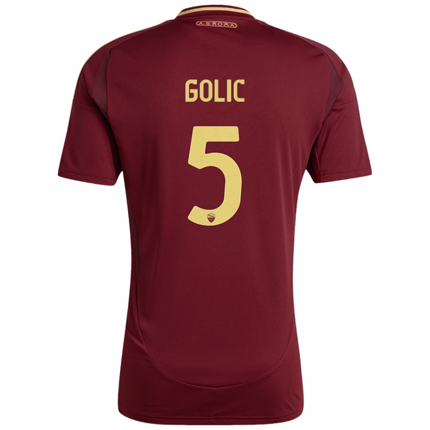 Hombre Camiseta Lovro Golic #5 Rojo Marrón Dorado 1ª Equipación 2024/25 La Camisa Chile