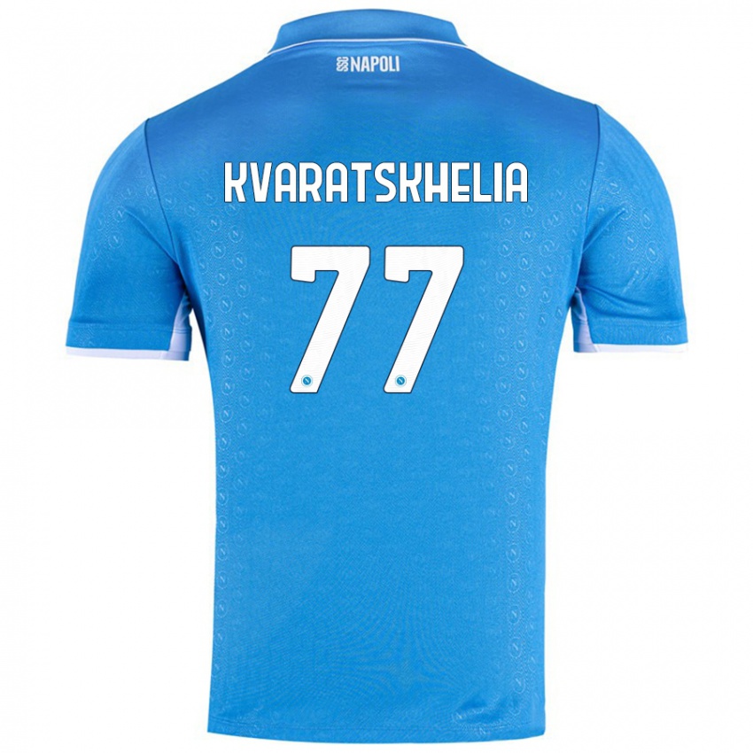 Hombre Camiseta Khvicha Kvaratskhelia #77 Azul Cielo 1ª Equipación 2024/25 La Camisa Chile