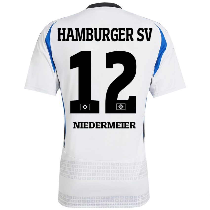 Hombre Camiseta Philipp Niedermeier #12 Blanco Azul 1ª Equipación 2024/25 La Camisa Chile