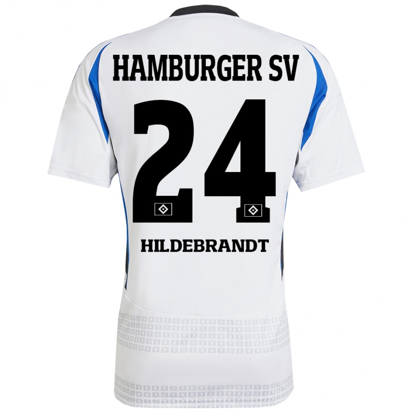 Hombre Camiseta Tjark Hildebrandt #24 Blanco Azul 1ª Equipación 2024/25 La Camisa Chile