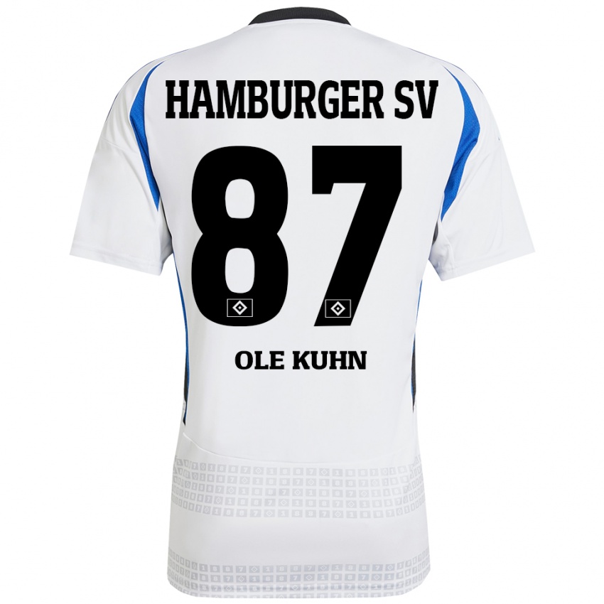 Hombre Camiseta Niklas Ole Kühn #87 Blanco Azul 1ª Equipación 2024/25 La Camisa Chile