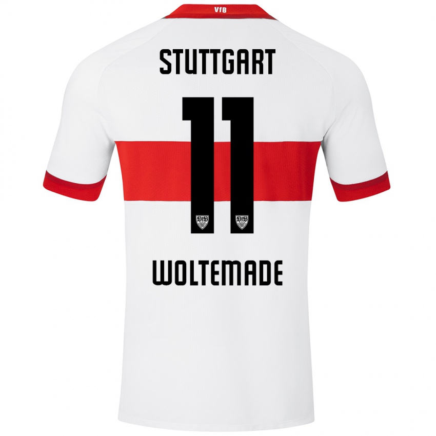 Hombre Camiseta Nick Woltemade #11 Blanco Rojo 1ª Equipación 2024/25 La Camisa Chile