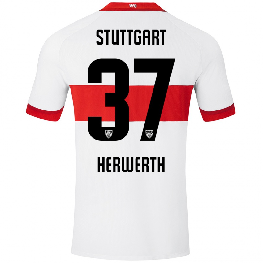 Hombre Camiseta Maximilian Herwerth #37 Blanco Rojo 1ª Equipación 2024/25 La Camisa Chile