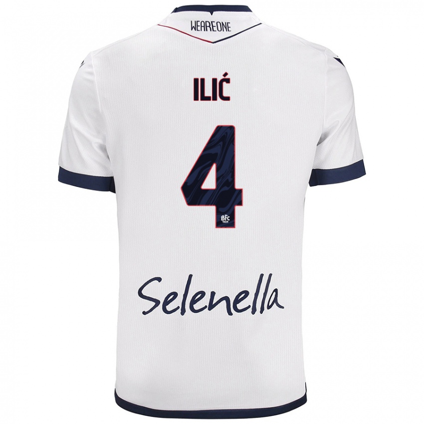 Hombre Camiseta Mihajlo Ilić #4 Blanco Azul Real 2ª Equipación 2024/25 La Camisa Chile