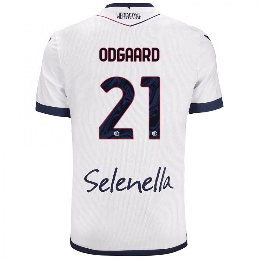 Hombre Camiseta Jens Odgaard #21 Blanco Azul Real 2ª Equipación 2024/25 La Camisa Chile