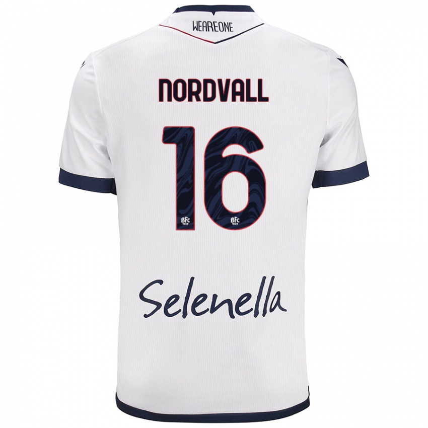 Hombre Camiseta Ossian Nordvall #16 Blanco Azul Real 2ª Equipación 2024/25 La Camisa Chile