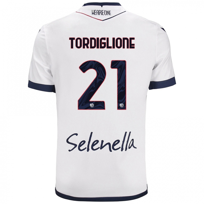 Hombre Camiseta Nicolò Tordiglione #21 Blanco Azul Real 2ª Equipación 2024/25 La Camisa Chile