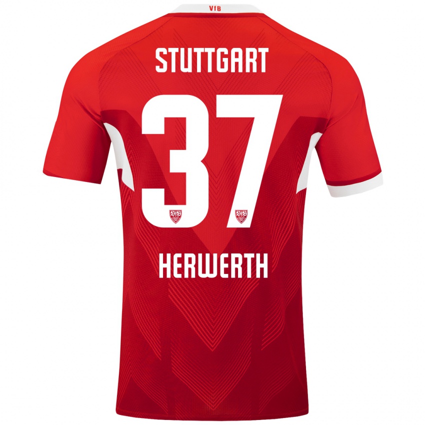 Hombre Camiseta Maximilian Herwerth #37 Rojo Blanco 2ª Equipación 2024/25 La Camisa Chile