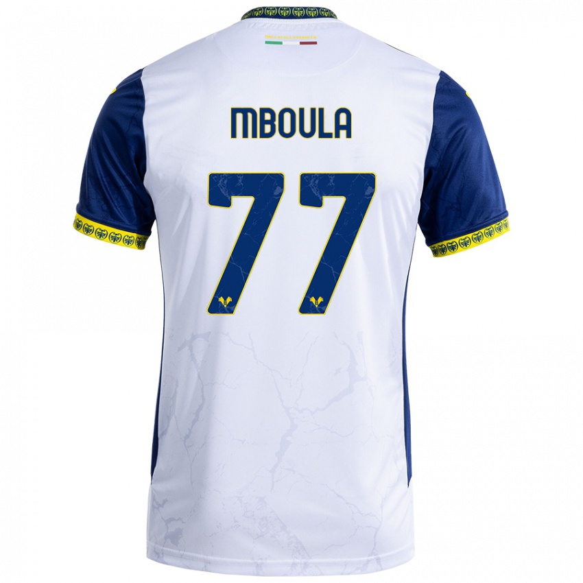 Hombre Camiseta Jordi Mboula #77 Blanco Azul 2ª Equipación 2024/25 La Camisa Chile