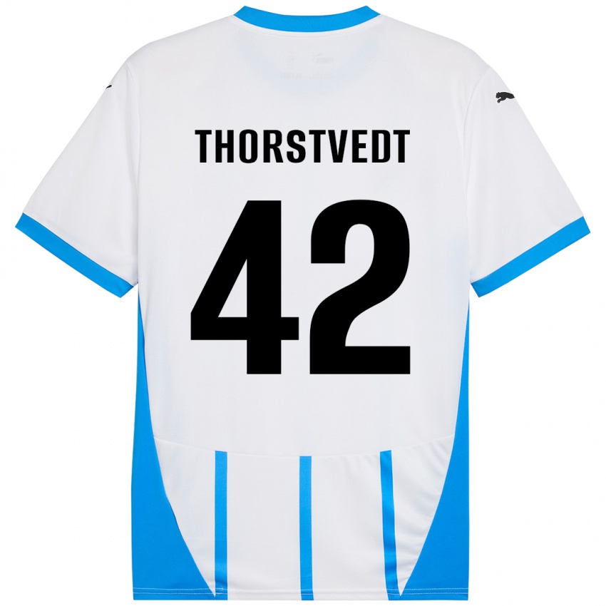 Mujer Camiseta Kristian Thorstvedt #42 Blanco Azul 2ª Equipación 2024/25 La Camisa Chile