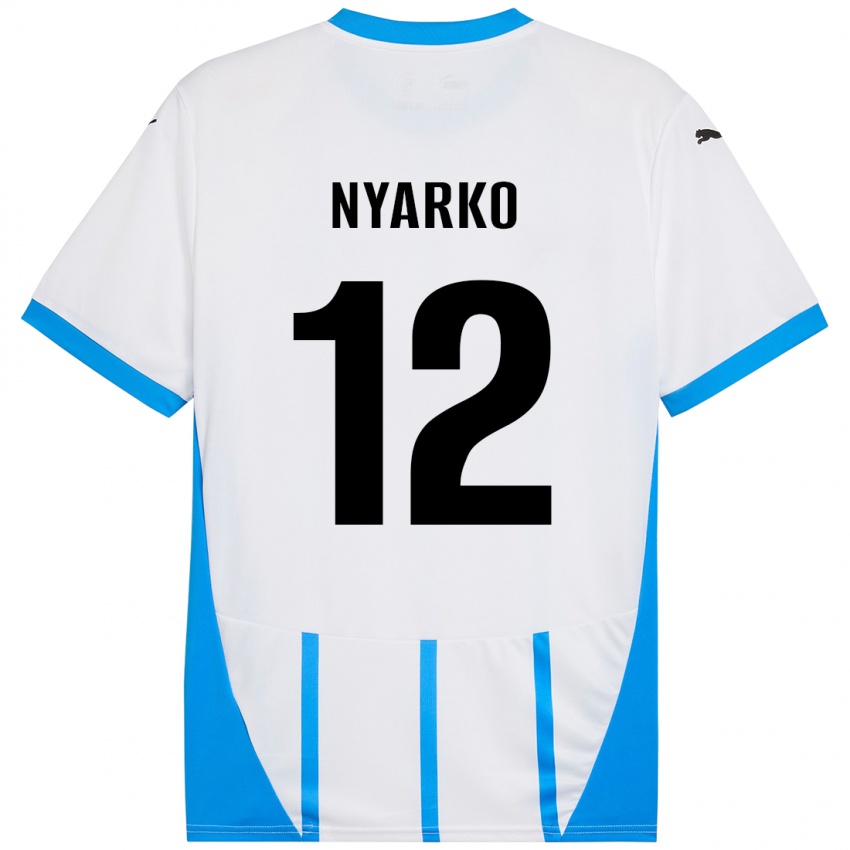 Mujer Camiseta Lorenzo Nyarko #12 Blanco Azul 2ª Equipación 2024/25 La Camisa Chile