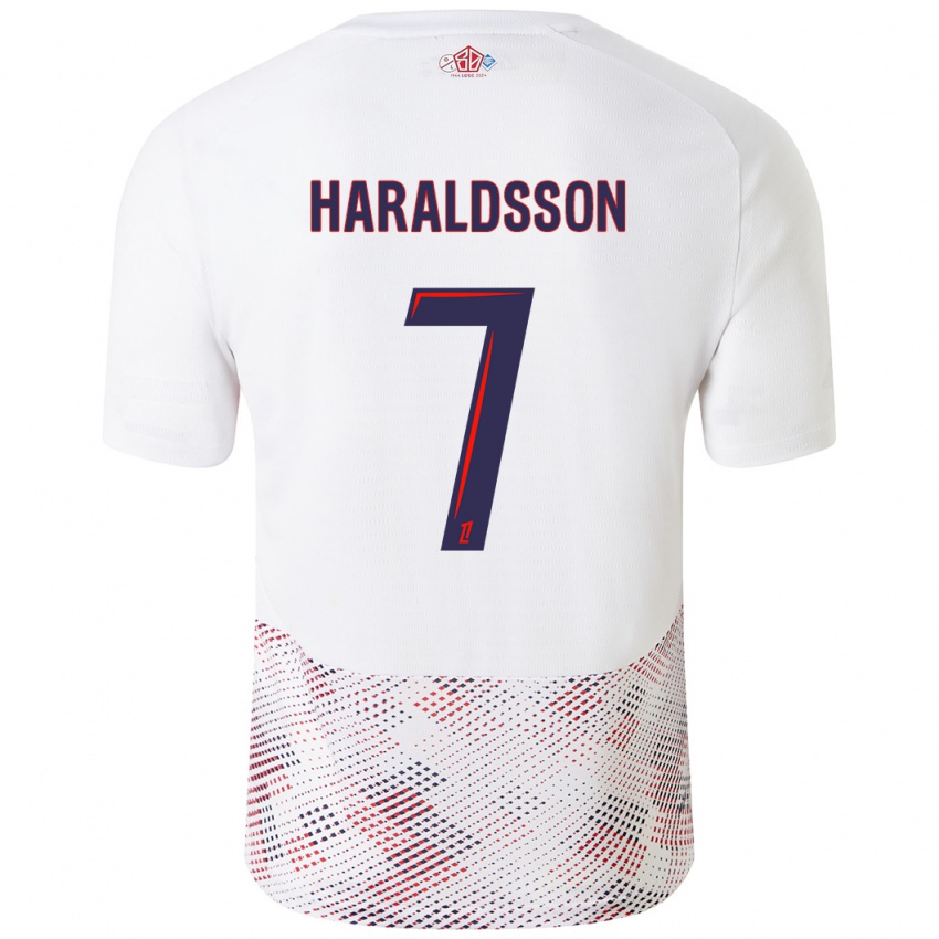 Mujer Camiseta Hákon Arnar Haraldsson #7 Blanco Azul Real 2ª Equipación 2024/25 La Camisa Chile