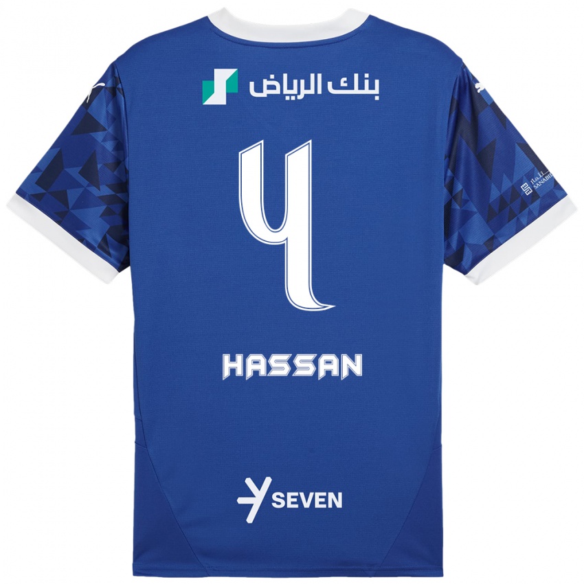 Hombre Camiseta Eman Hassan #4 Azul Oscuro Blanco 1ª Equipación 2024/25 La Camisa Chile