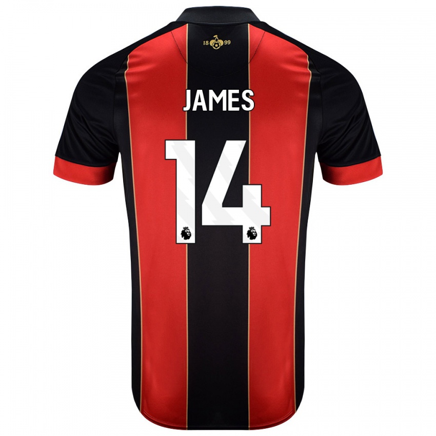 Hombre Camiseta Katie James #14 Rojo Negro 1ª Equipación 2024/25 La Camisa Chile