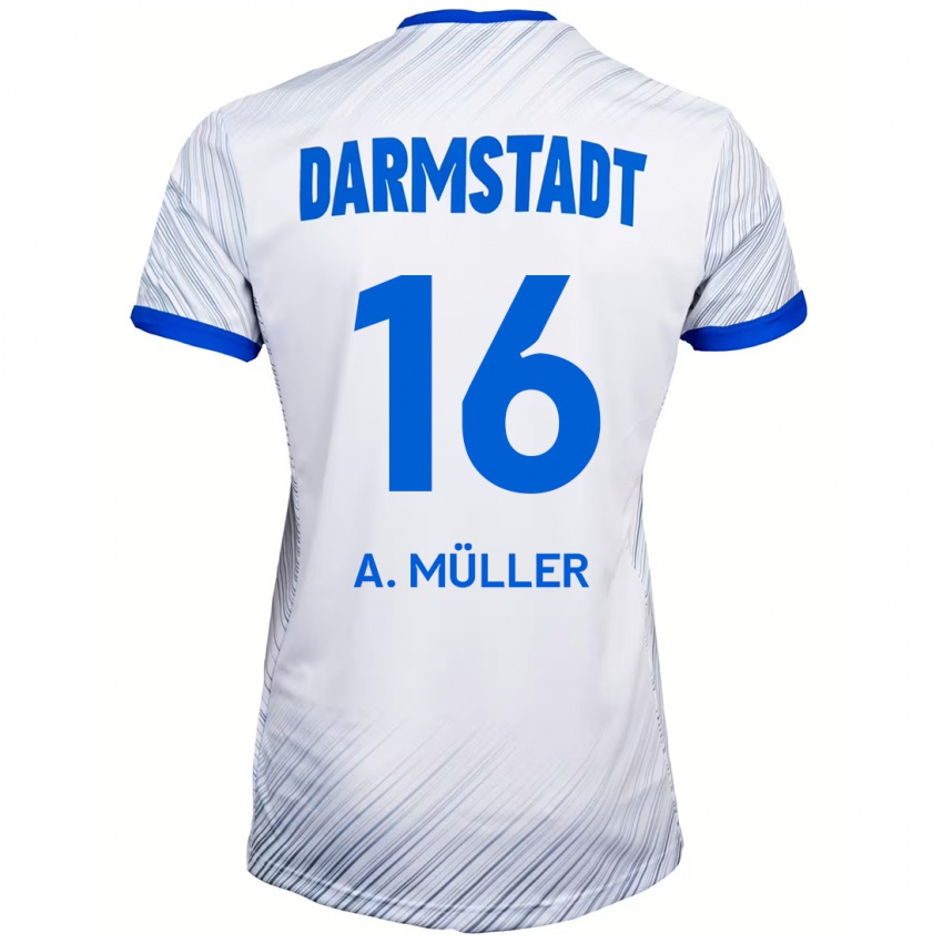 Hombre Camiseta Andreas Müller #16 Blanco Azul 2ª Equipación 2024/25 La Camisa Chile