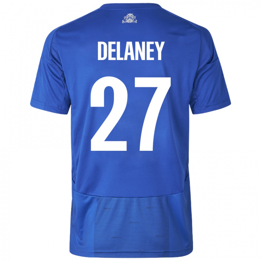 Niño Camiseta Thomas Delaney #27 Blanco Azul 2ª Equipación 2024/25 La Camisa Chile