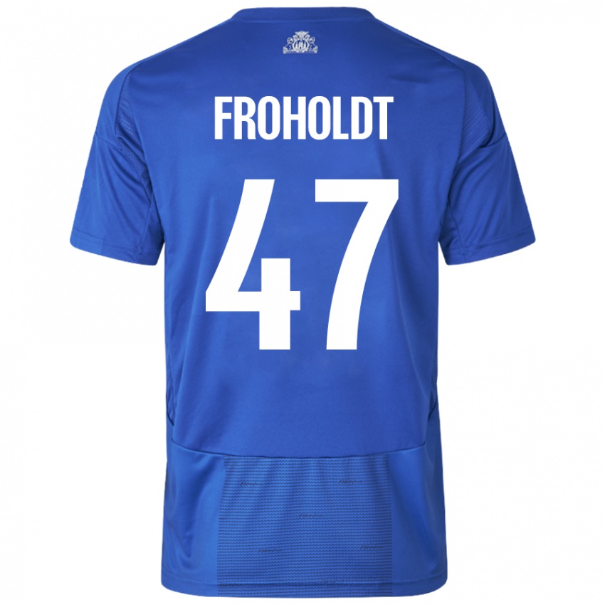 Niño Camiseta Victor Froholdt #47 Blanco Azul 2ª Equipación 2024/25 La Camisa Chile